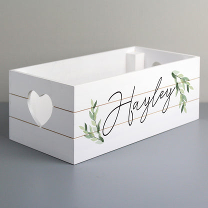 Small white wooden crate with heart shaped handles, personalised with name of your choice in script font