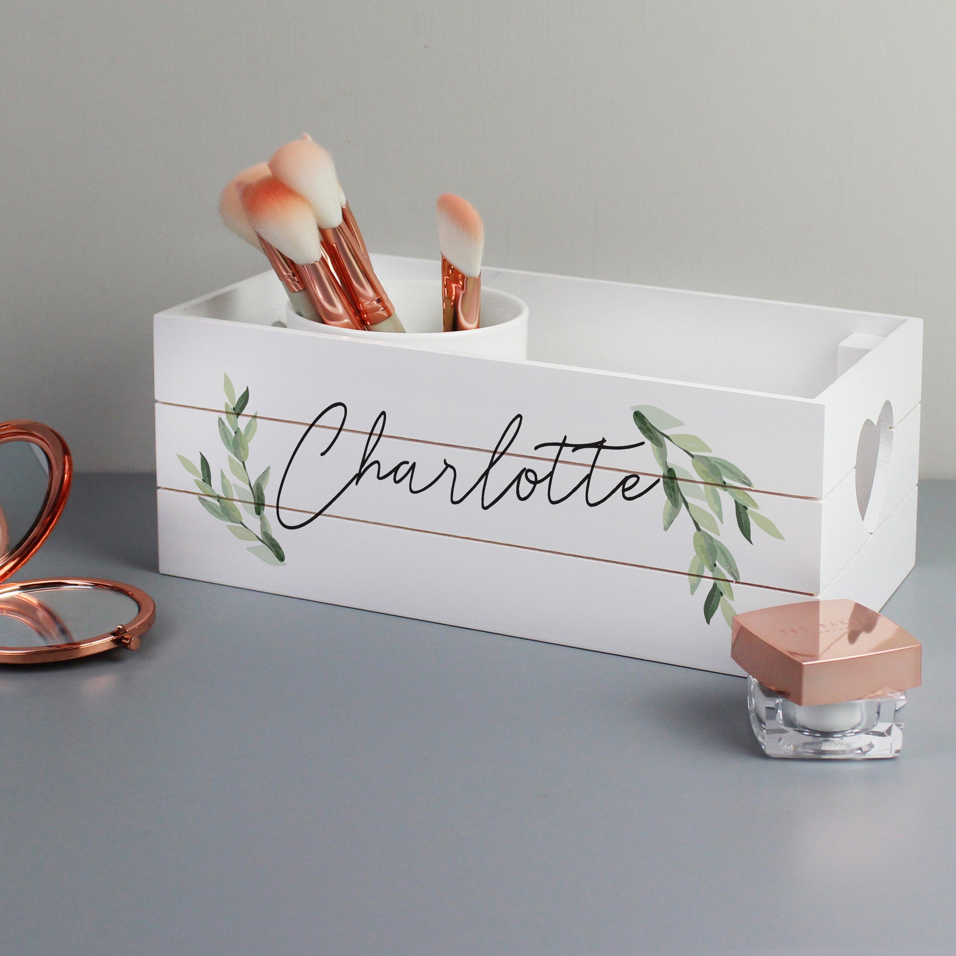 Small white wooden crate with heart shaped handles, personalised with name of your choice in script font