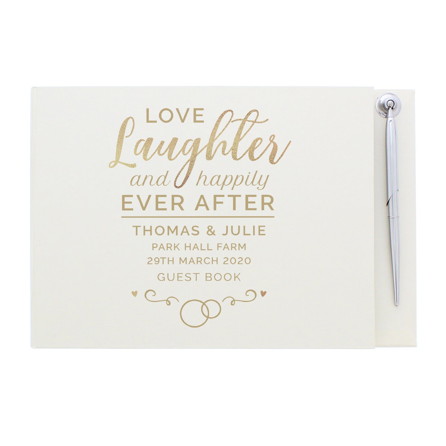 happily ever after guest book personalised with your own wedding details and complete with pen and stand