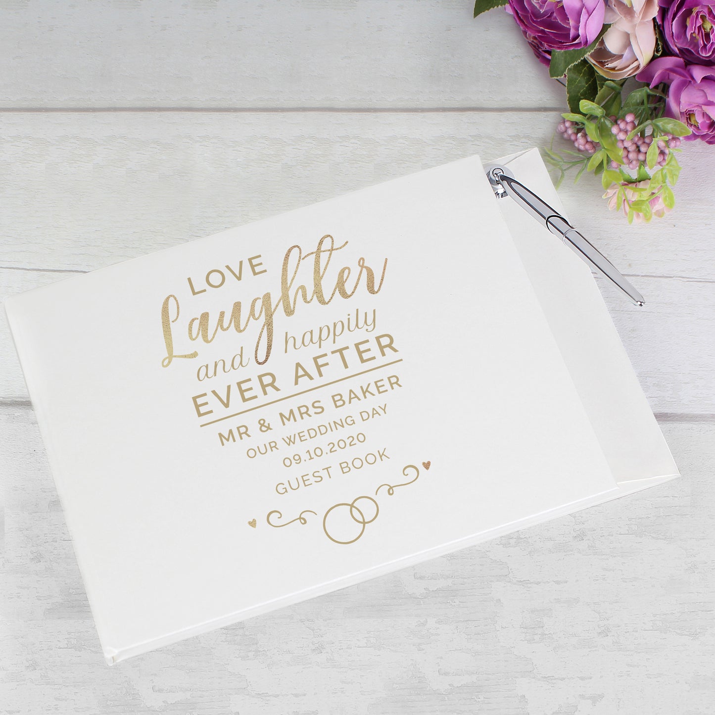 happily ever after guest book personalised with your own wedding details and complete with pen and stand