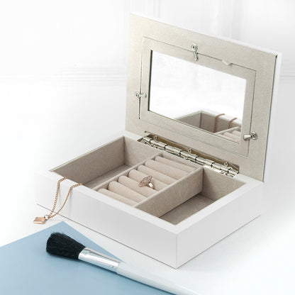 Interior of personalised jewellery box showing suede interior
