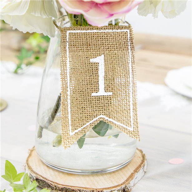 Rustic hessian table numbers on jar