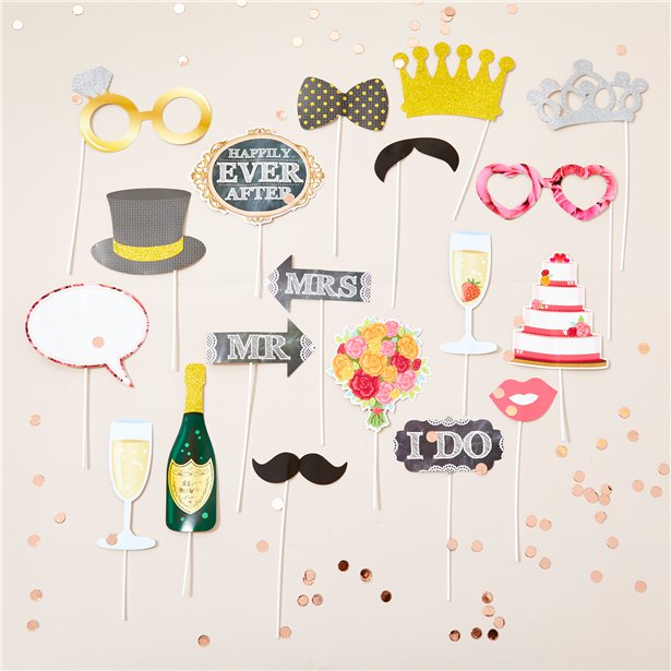 Wedding photobooth props, includes crowns, hats, glasses, signs and wedding cake