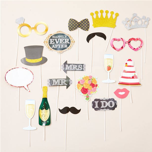 Wedding photobooth props, includes crowns, hats, glasses, signs and wedding cake