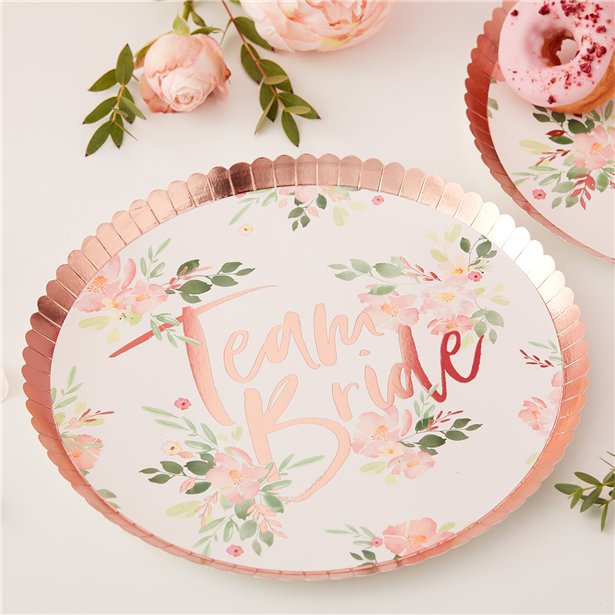 Team bride floral and rose gold paper plates for hen party