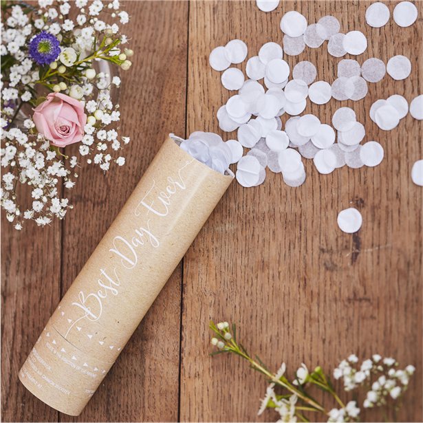 confetti cannon with white confetti in rustic tube with the words "Best Day Ever"