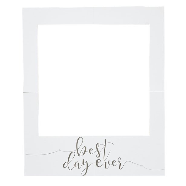 white photo booth polaroid style frame with "best day ever" in script  below