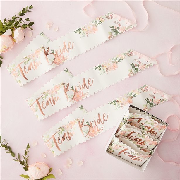 Team bride sashes x 6 floral with pink ribbon fastening