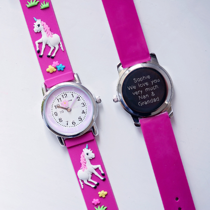 pink unicorn watch with personalised engraving on the revierse