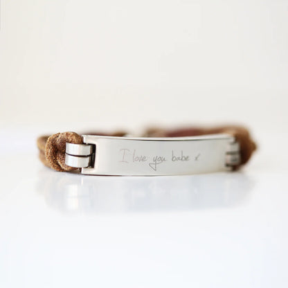Leather bracelet with heavy silver clasp and silver bar engraved with the message of your choice in your own handwriting