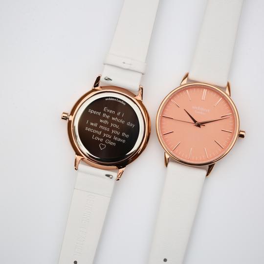 ladies watch showing modern font engraving on reverse