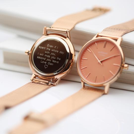 personalised watch with rose gold strap and pink face personalisation on back