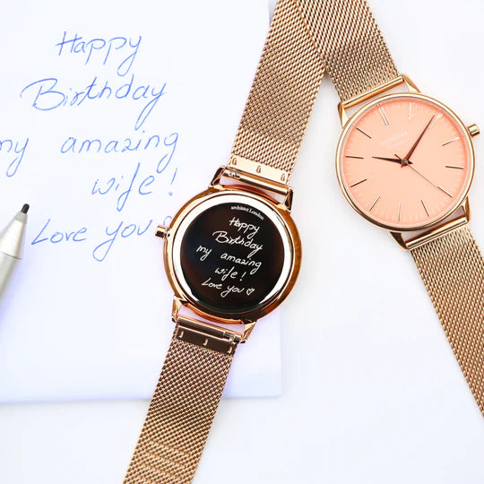 Personalise rose gold watch showing engraving in own handwriting