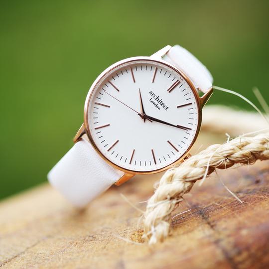 ladies engraved watch white strap and face