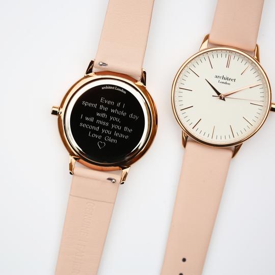 ladies engraved watch with modern font engraving on reverse