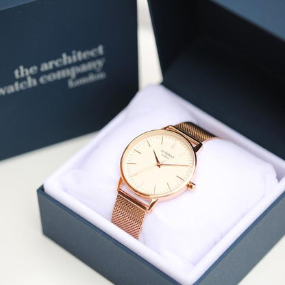 personalised watch with rose gold strap in gift box