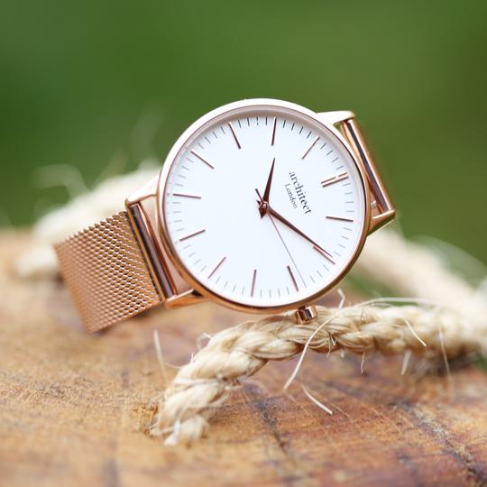 personalised watch  with rose gold strap white face