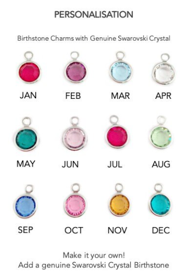 High quality Austrian crystal birthstones in birth month colours.
