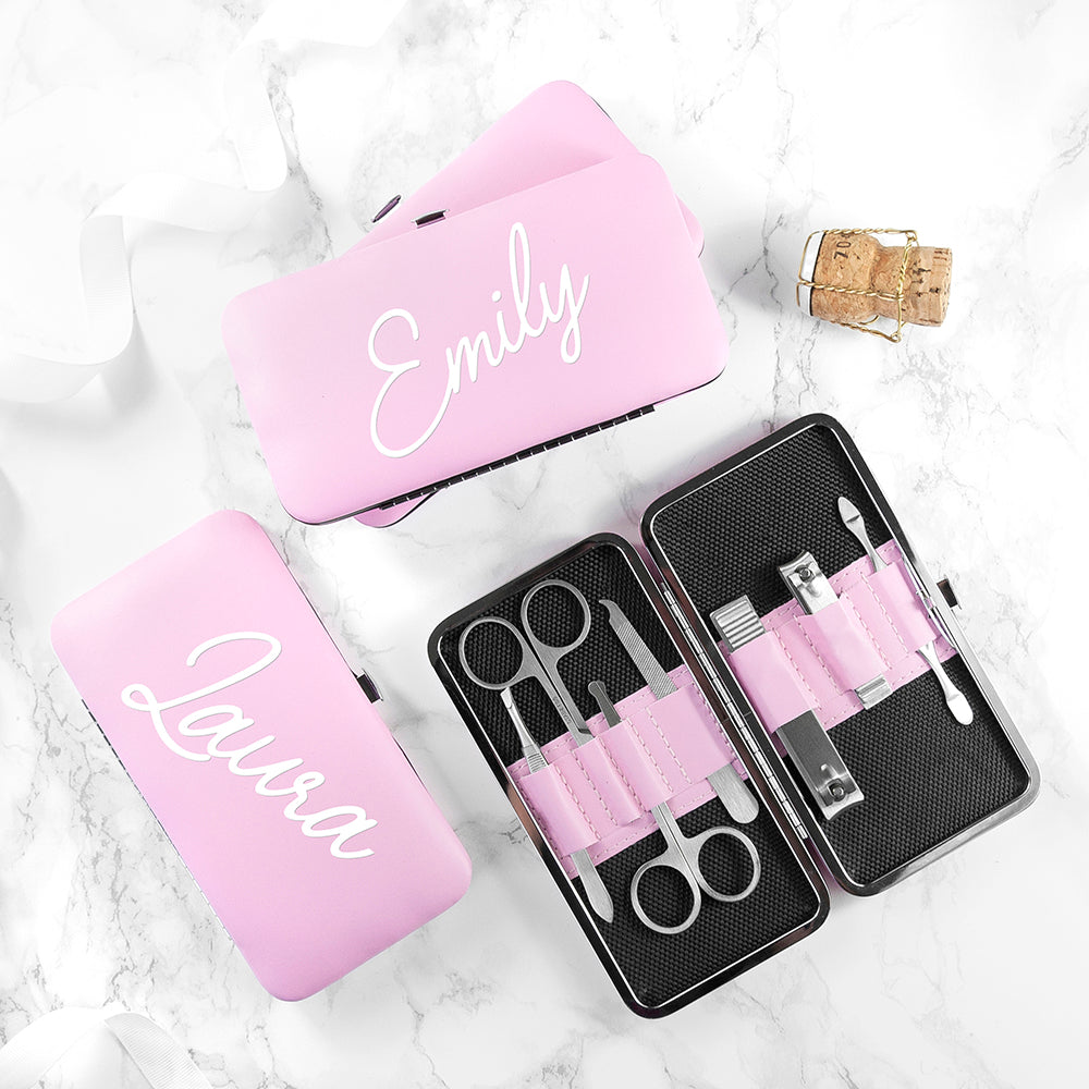 Pink manicure set personalised  with first name showing contents of 7 pieces