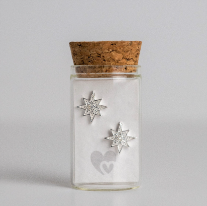sterling silver celestial star ear studs in a glass bottle with cork lid. Behind the card is a parchment scroll for you to add your own message. Part of the Message in a Bottle range.