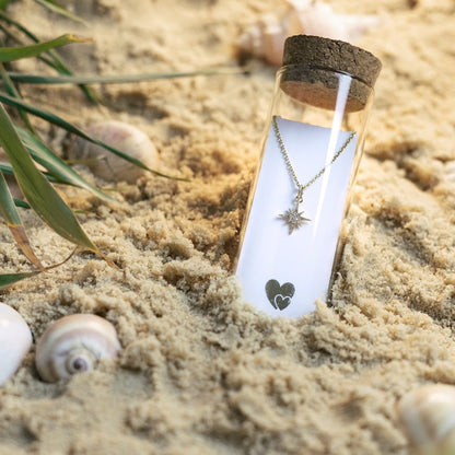 gold plated on sterling silver celestial star pendant within a glass bottle. Includes a parchment scroll for you to add your own message in a bottle