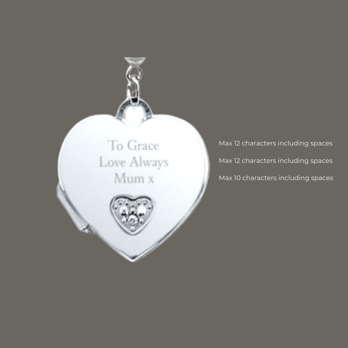 Close up of heart shaped opening locket with personalised engraving showing maximum characters per line.