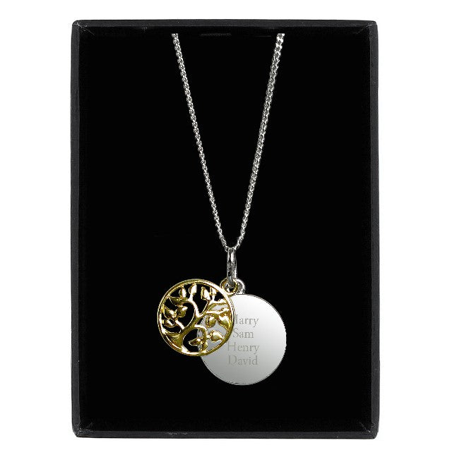 Sterling silver disc engraved with your own message, alongside a gold plated tree of life charm, family tree pendant shown gift boxed