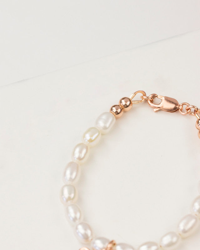 Freshwater pearl and rose gold bracelet with hammered rose gold plated hear and engraved name, ideal for baby's christening or naming ceremony