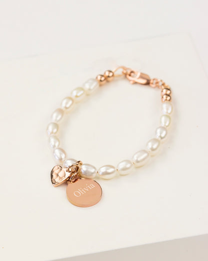 Freshwater pearl and rose gold bracelet with hammered rose gold plated hear and engraved name, ideal for baby's christening or naming ceremony