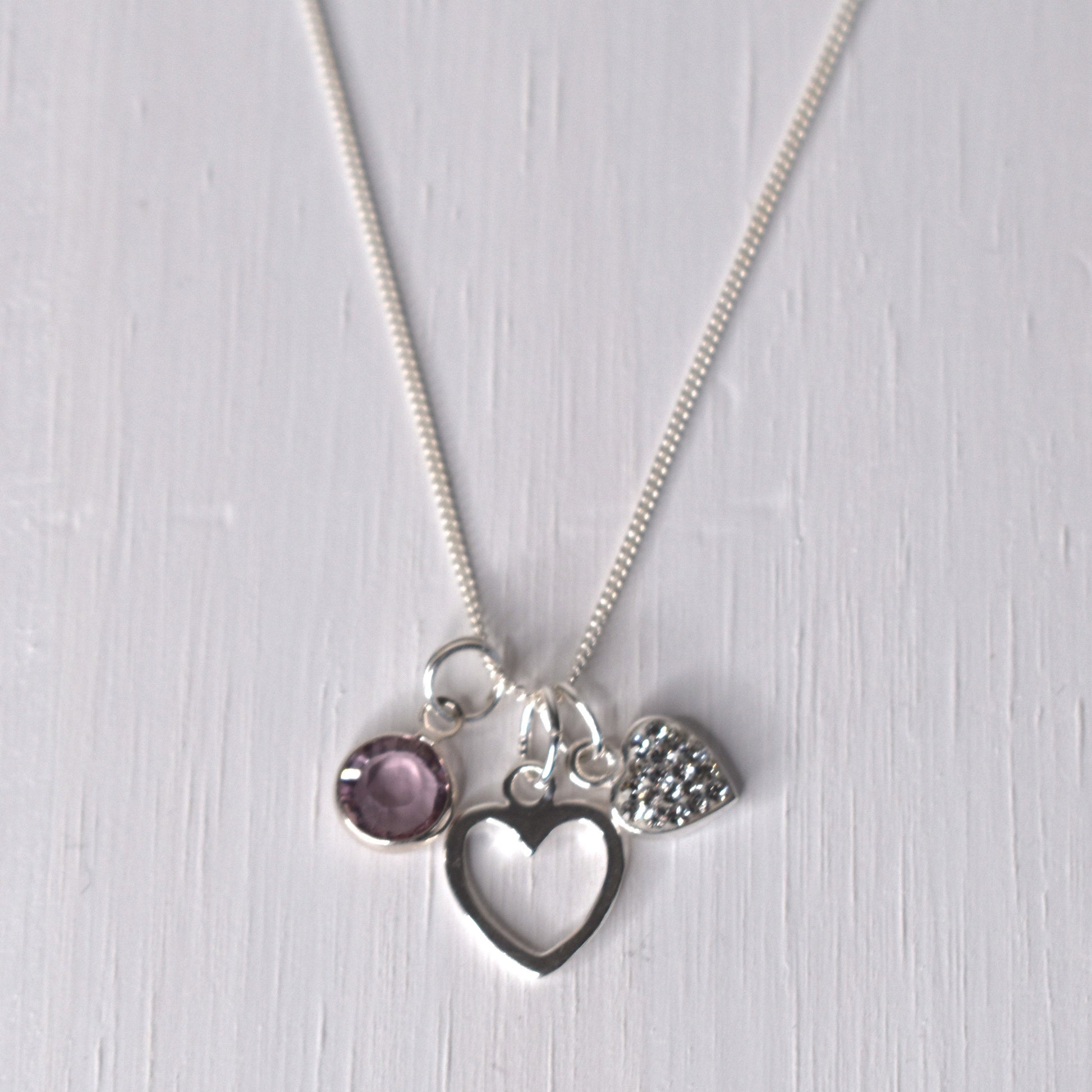 Double Heart pendant, sterling silver with personalised Swarovski birthstone
