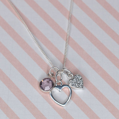 Double Heart pendant, sterling silver with personalised Swarovski birthstone