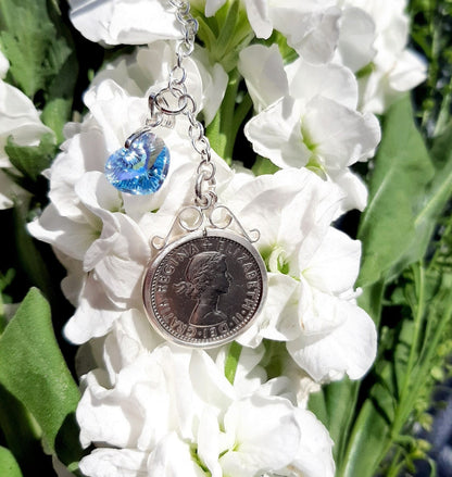 Real British sixpence with blue crystal heart wedding bouquet charm