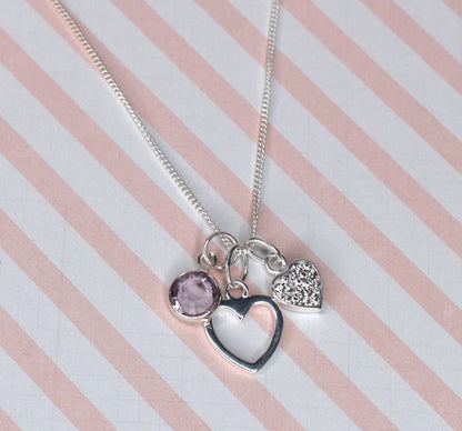 Double Heart pendant, sterling silver with personalised Swarovski birthstone