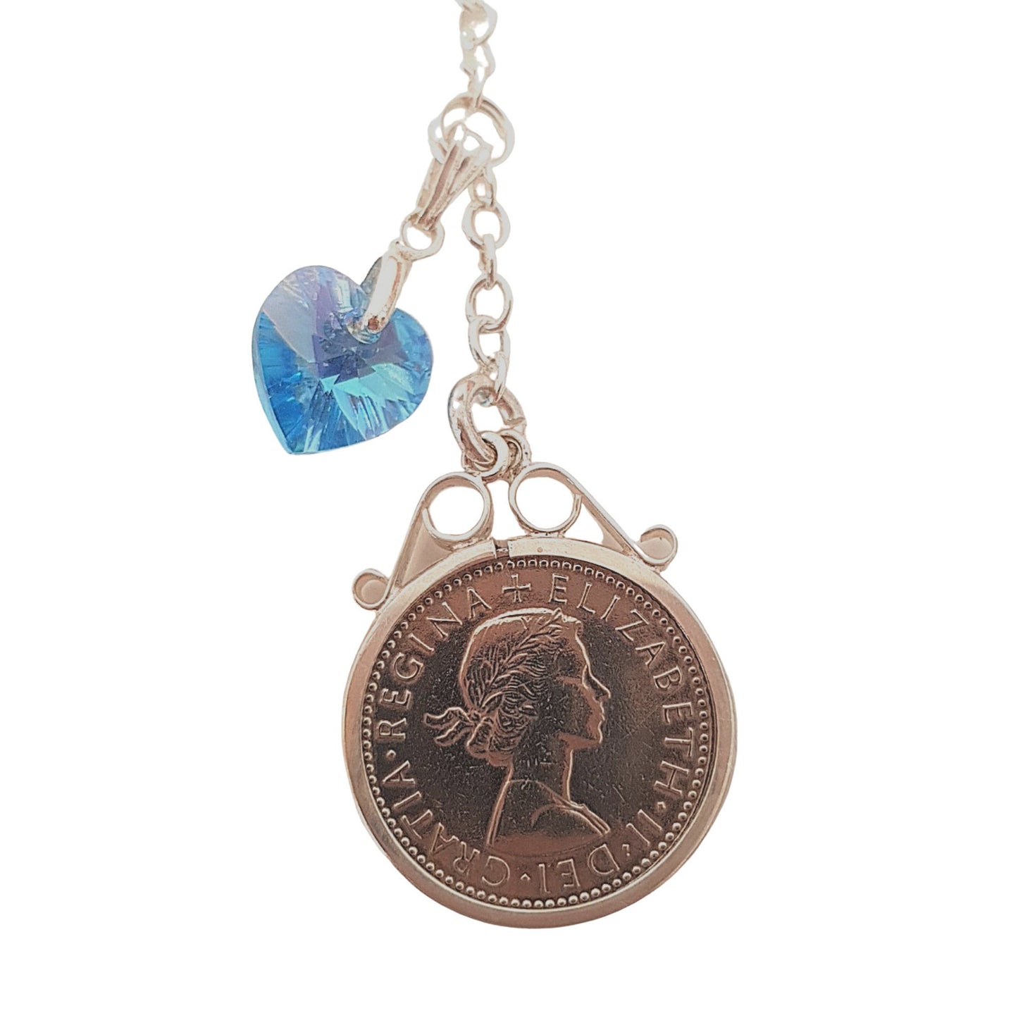 Real British sixpence with blue crystal heart wedding bouquet charm