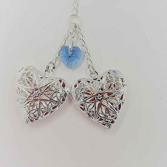 Two filigree lockets and blue heart for brides bouquet charm