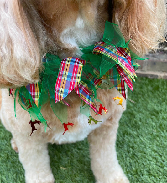 Green and tartan ribbon elasticated dog collar trimmed with multicolour foil reindeers