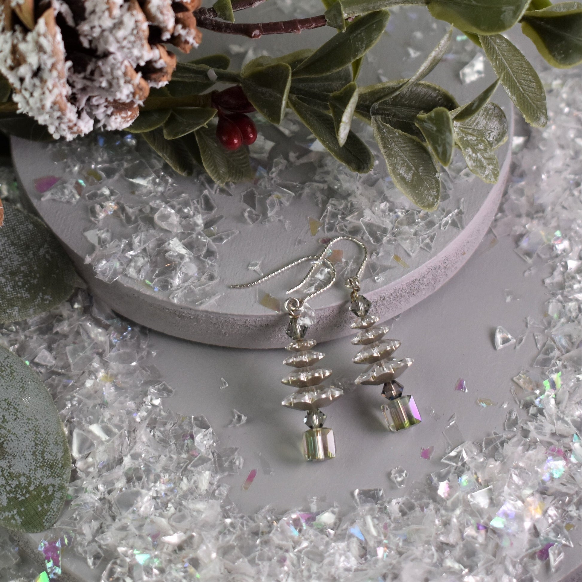 Clear crystal Christmas tree earrings with Vitrail cube pot and topper suspended on sterling silver wires