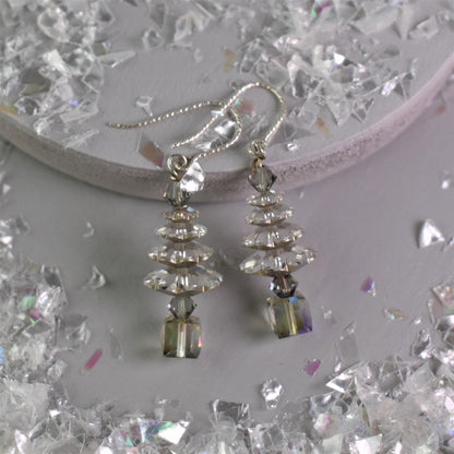 Clear crystal Christmas tree earrings with Vitrail cube pot and topper suspended on sterling silver wires