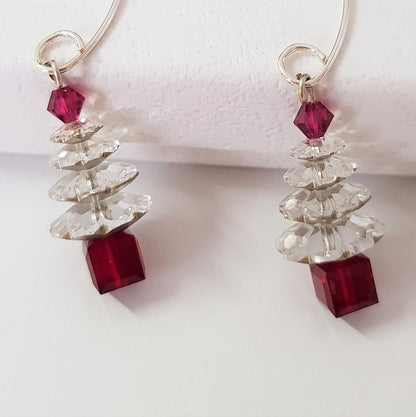 Clear crystal Christmas tree earrings with Siam cube pot and topper suspended on sterling silver wires
