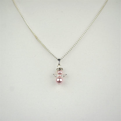 Snow angel pendant in variety of glass pearl covers, two glass pearls with angel wings and halo on silver plated chain.