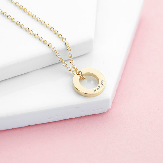 Mini ring charm necklace in gold plate, personalised with a name of your choice