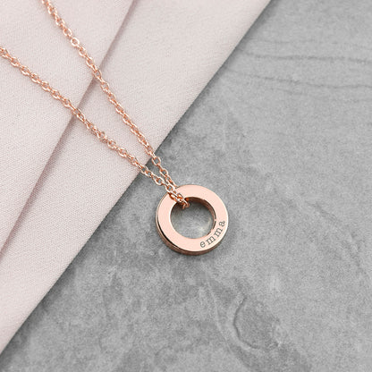 Mini ring charm necklace in rose gold plate personalised with a name of your choice