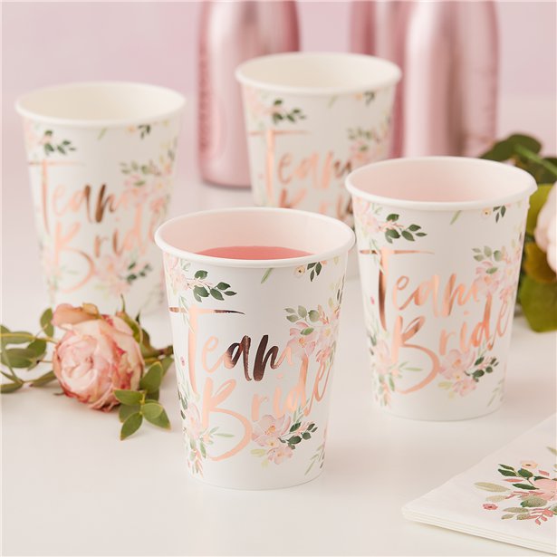 team bride floral and rose gold paper cups for hen party