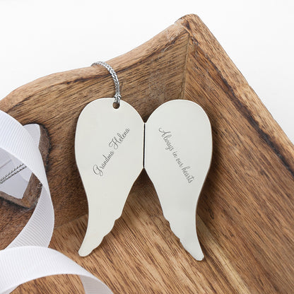 chrome angel wing christmas tree decoration etched with message of your choice