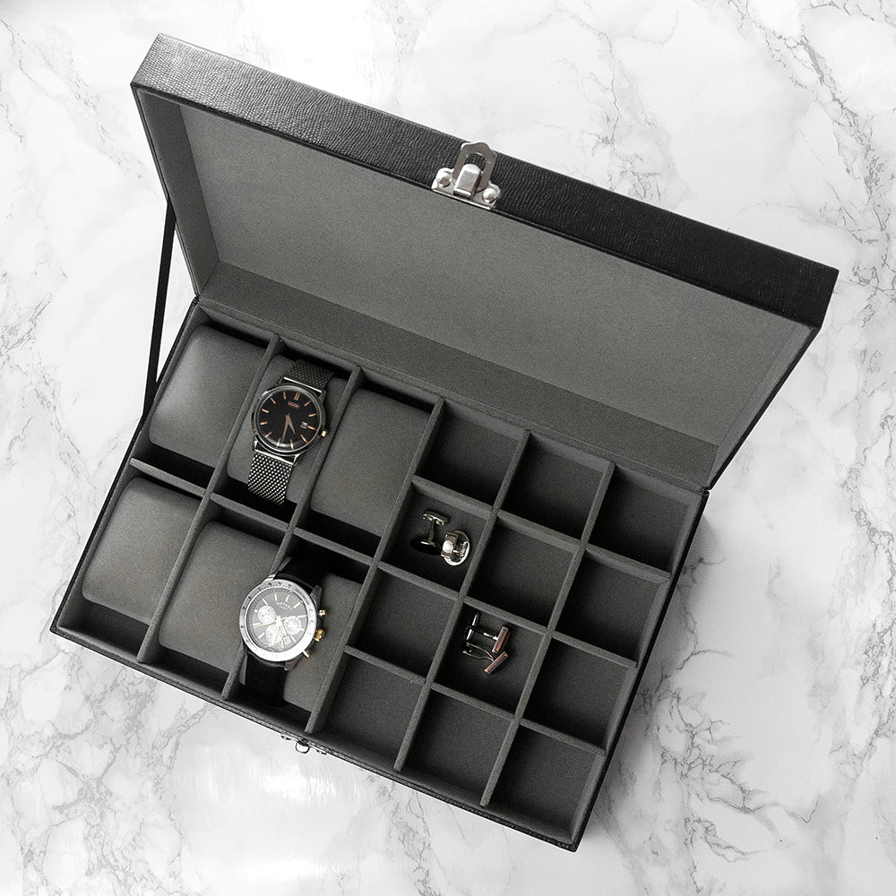 interior of cufflink and watch box with personalised engraving