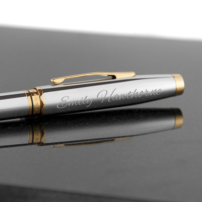 Cross coventry pen shown in silver with gold colour accents and personalised in script font with a name of your choice