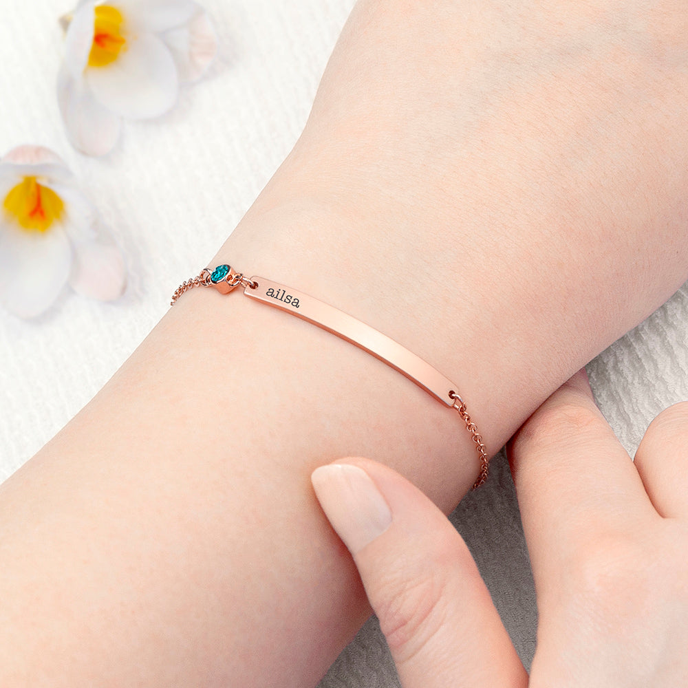 rose gold finish bracelet with birthstone engraved with recipient's name