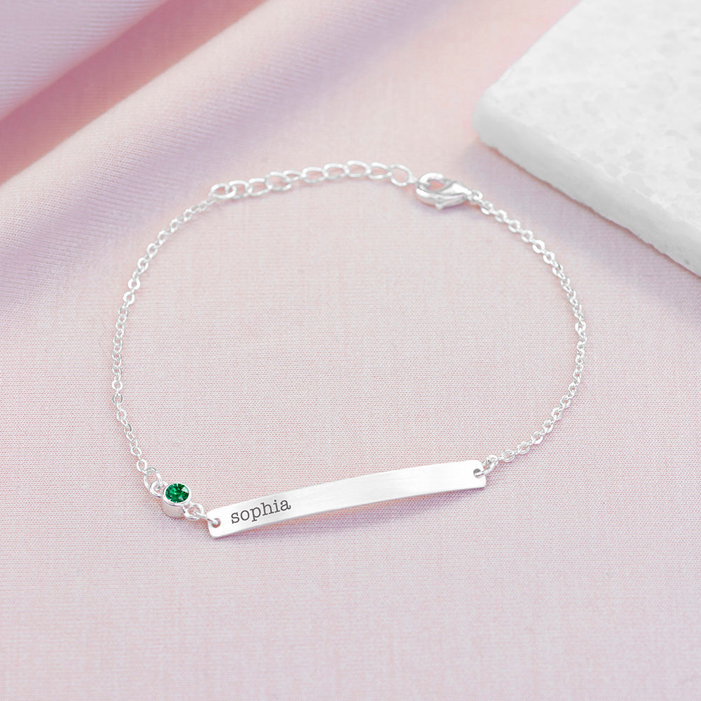 silver finish bracelet with birthstone engraved with recipient's name