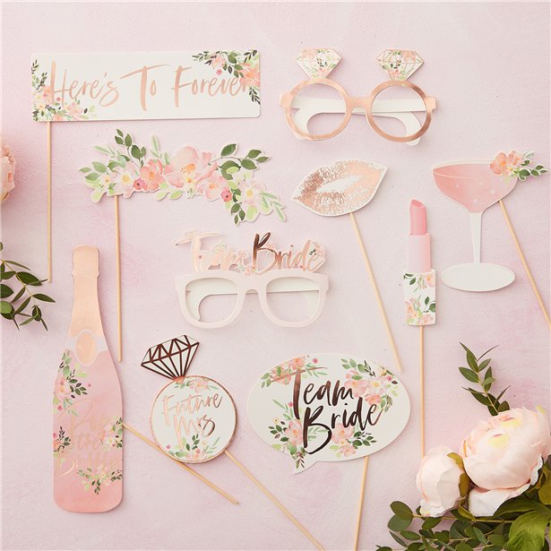 Team bride floral props for photo booth