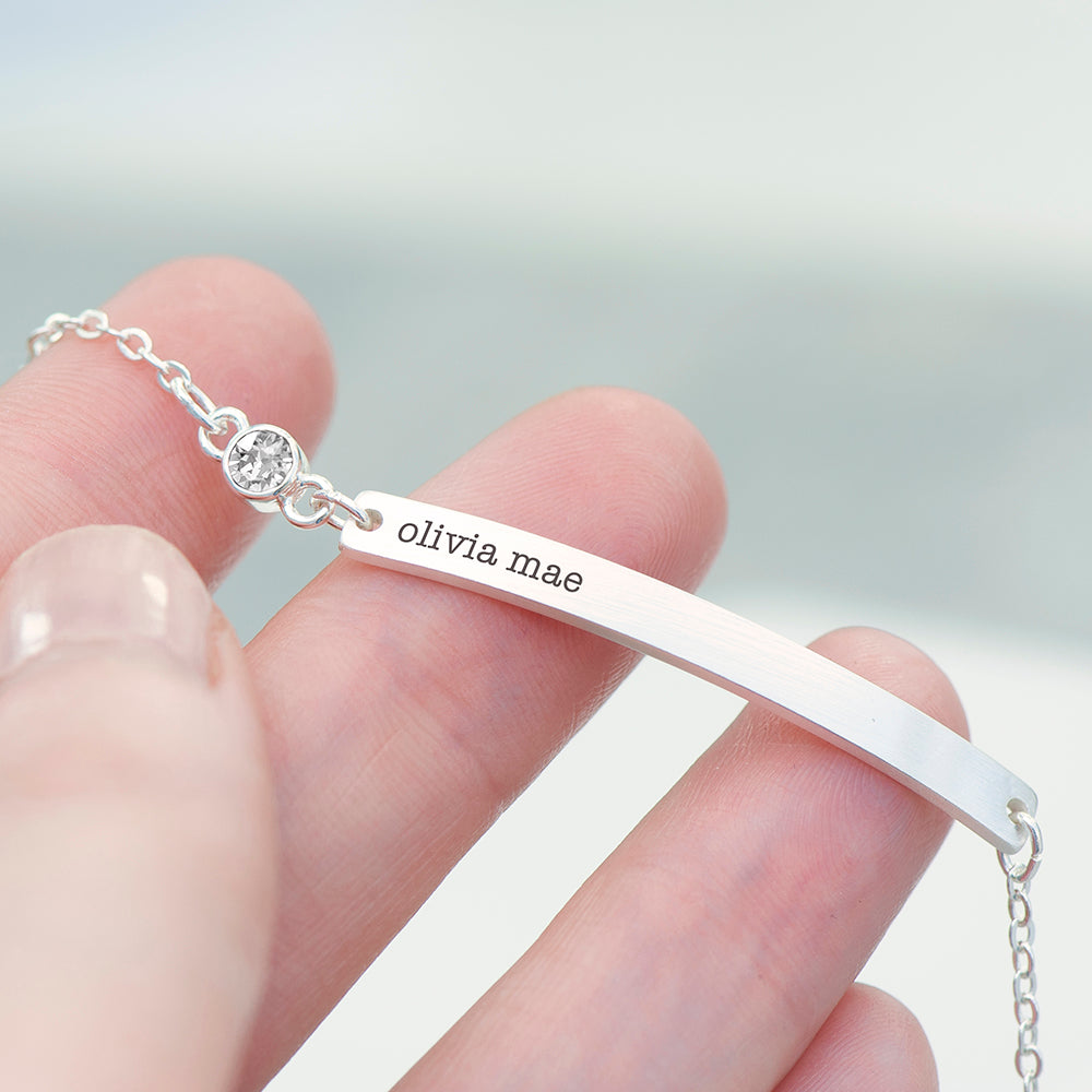silver finish bracelet with birthstone engraved with recipient's name